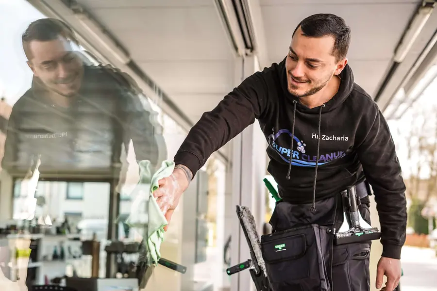 Mitarbeiter von SuperCleanup reinigt mit einem Tuch eine Glasfront